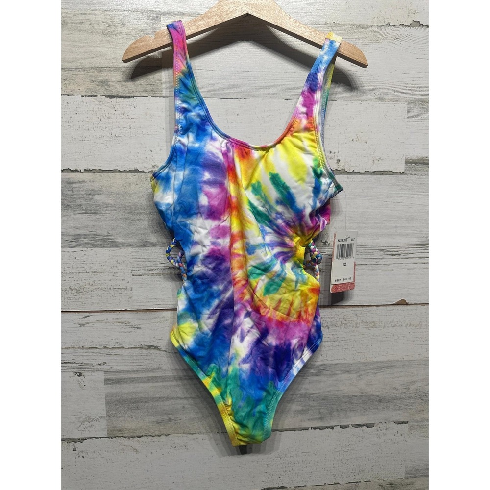 Hobie One Piece Swimsuit Girls 12 Multicolor Tie Dye Braided‎ Sides NWT